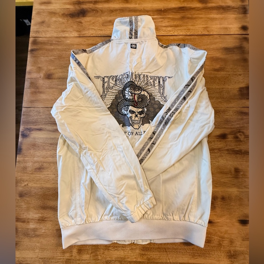 Ecko Unlimited Men’s White/Cream Jacket with Black and Red Skull Design